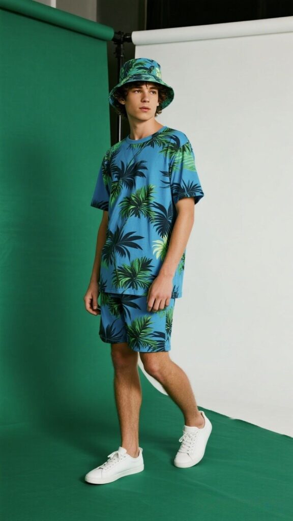 Jungle‑Print T‑Shirt + Matching Shorts + Matching Bucket Hat + White Sneakers