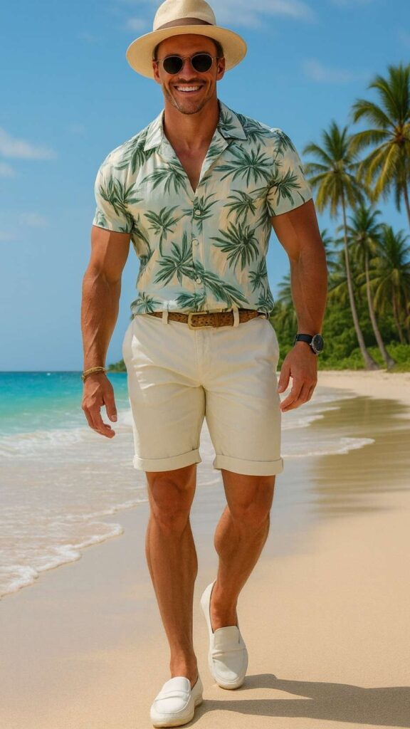 Leaf‑Print Cuban Shirt + Off‑White Chino Shorts + White Slip‑On Loafers + Straw Panama Hat