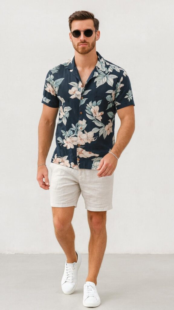 Navy Floral Camp Shirt + Light Linen Pin‑Stripe Shorts + White Low‑Top Sneakers + Round Shades