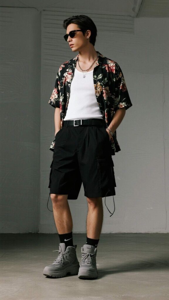 Oversized Floral Shirt + White Tank + Black Cargo Shorts + Gray Sneakers + Sunglasses