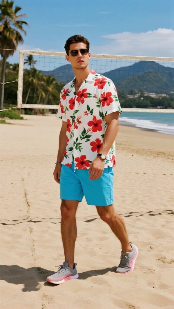 White Hibiscus Shirt + Cobalt Blue Shorts + Grey‑Blush Retro Sneakers + Silicone Sport Watch