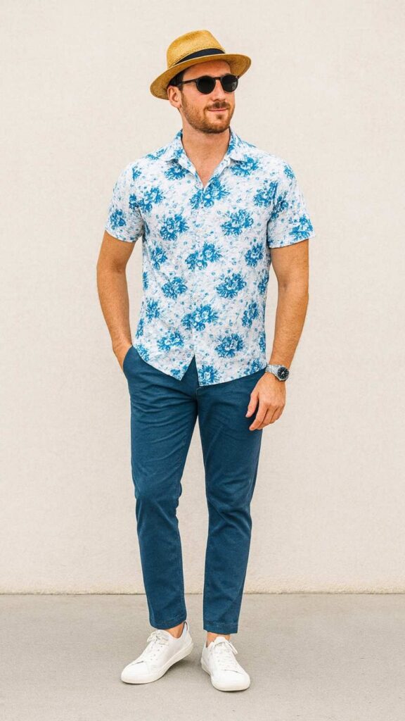 Sky‑Blue Palm Shirt + Teal Cropped Chinos + Straw Fedora + White Canvas Sneakers