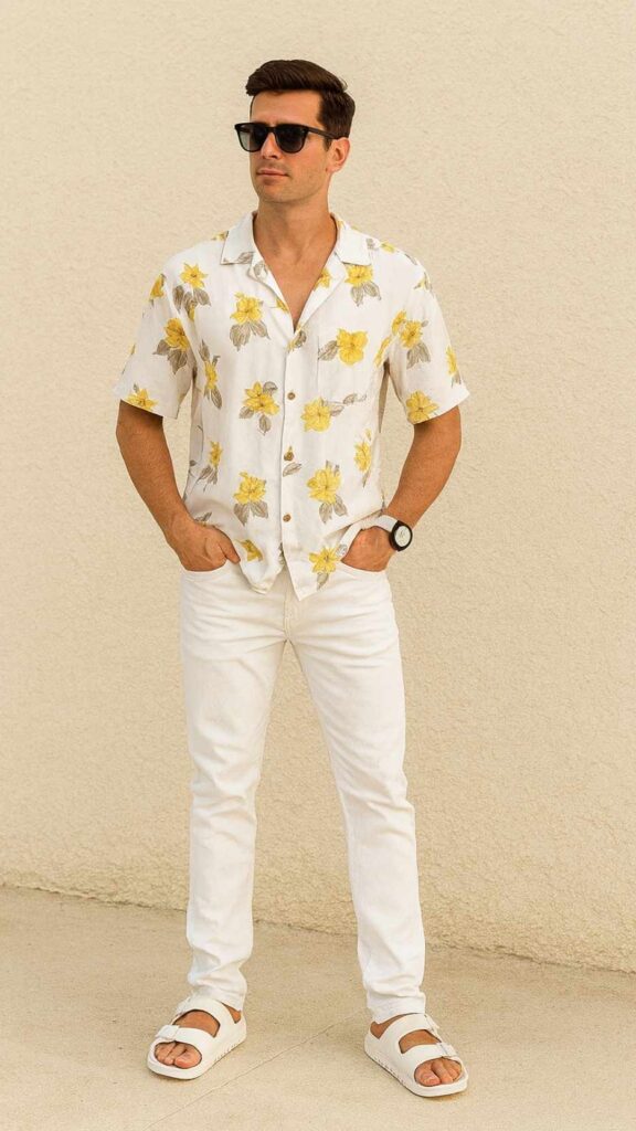 White Lemon‑Print Resort Shirt + White Slim Jeans + White Birkenstock Sandals + Black Wayfarers