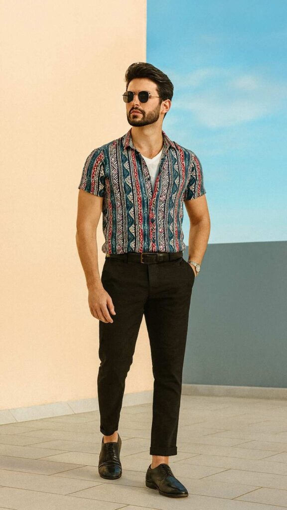 Aztec Print Shirt + Black Chinos + Black Loafers + White Undershirt + Chains