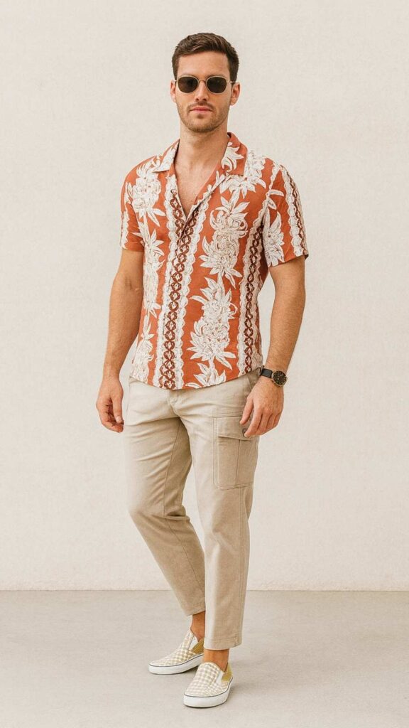Rust Hawaiian Shirt + Beige Cargo Ankle Pants + Checkerboard Slip‑Ons + Gold Round Sunglasses