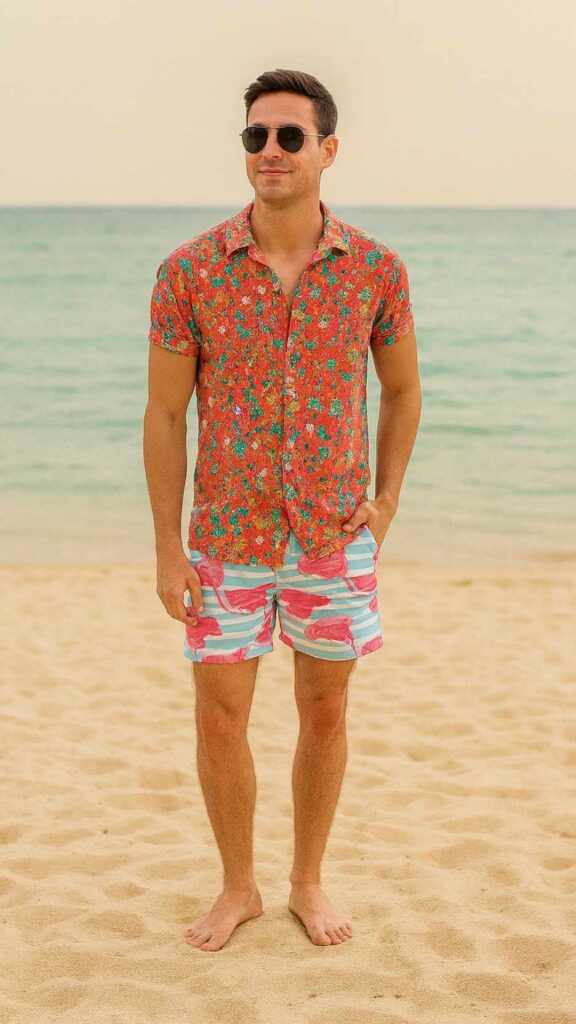 Coral Micro‑Floral Shirt + Coral‑Pink & Aqua Swim Trunks + Barefoot Beach Stance