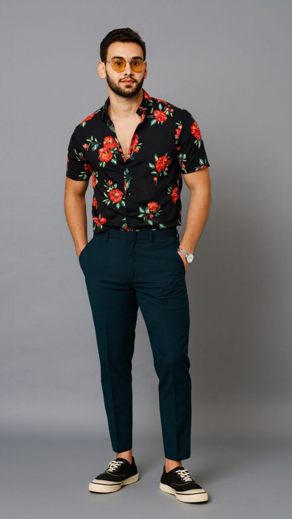 Black Rose Print Shirt + Teal Green Trousers + Black Sneakers + Yellow-Tinted Glasses