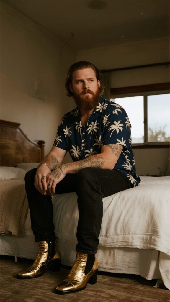 Navy Pajama‑Style Floral Shirt + Black Skinny Jeans + Gold Heeled Boots