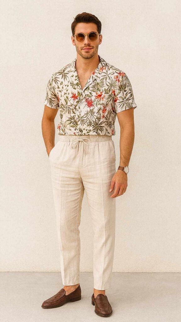 Sunset Floral Shirt + White Linen Drawstring Trousers + Brown Woven Loafers + Amber Lens Glasses