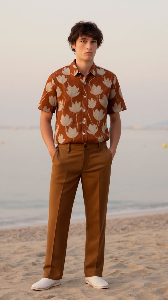 Rust Tulip Camp Shirt (Open) + Caramel Wide‑Leg Trousers + White Slip‑On Espadrilles
