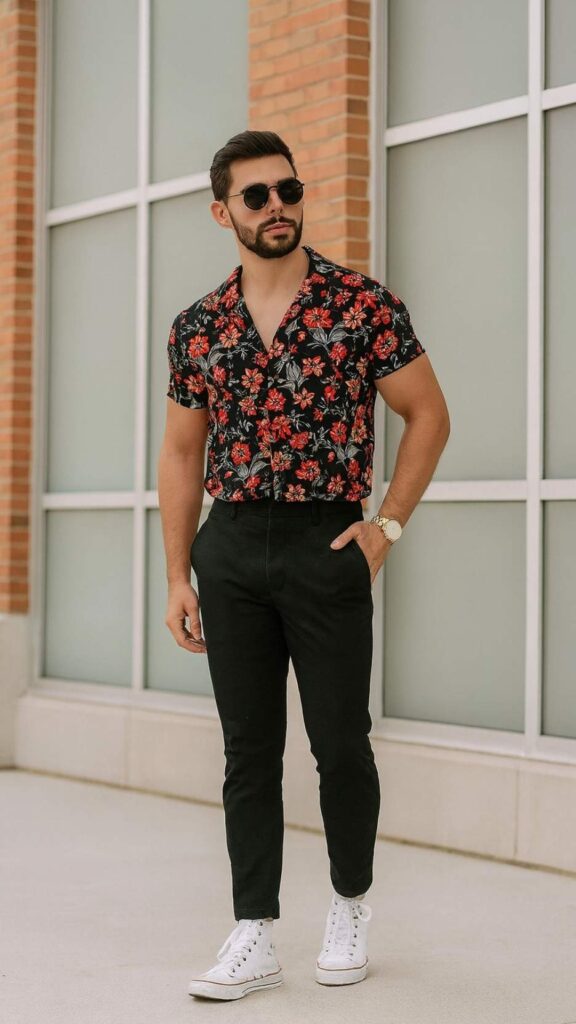 Red Floral Shirt + Navy Pants + White High-Top Sneakers + Gold Watch