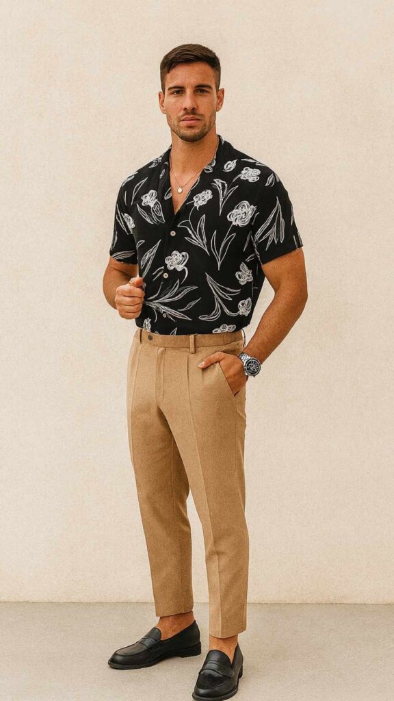 Black‑White Iris Shirt + Tan Tailored Trousers + Black Leather Loafers + Steel Dive Watch