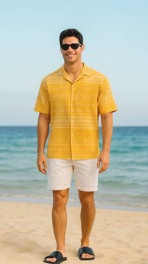 Mustard Tribal Overshirt + White Knee‑Shorts + Black Leather Sandals + Black Rectangle Shades