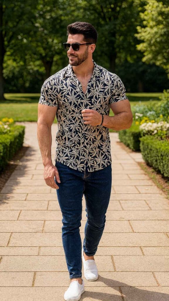 Bamboo Print Shirt + Skinny Jeans + White Slip-On Sneakers + Sunglasses
