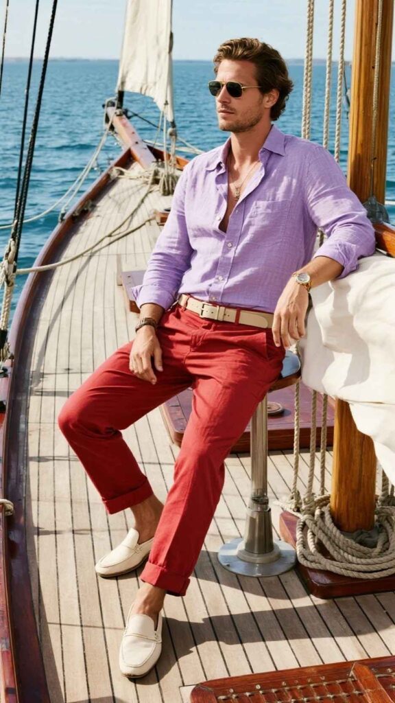 Lavender Button‑Up Shirt + Red Cuffed Pants + White Moccasins + Beige Belt