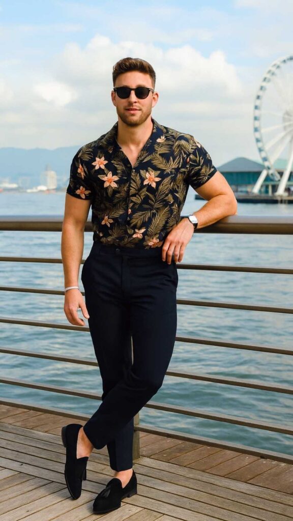 Olive‑Navy Jungle Shirt + Navy Slim Chinos + Black Tassel Loafers + Wayfarers