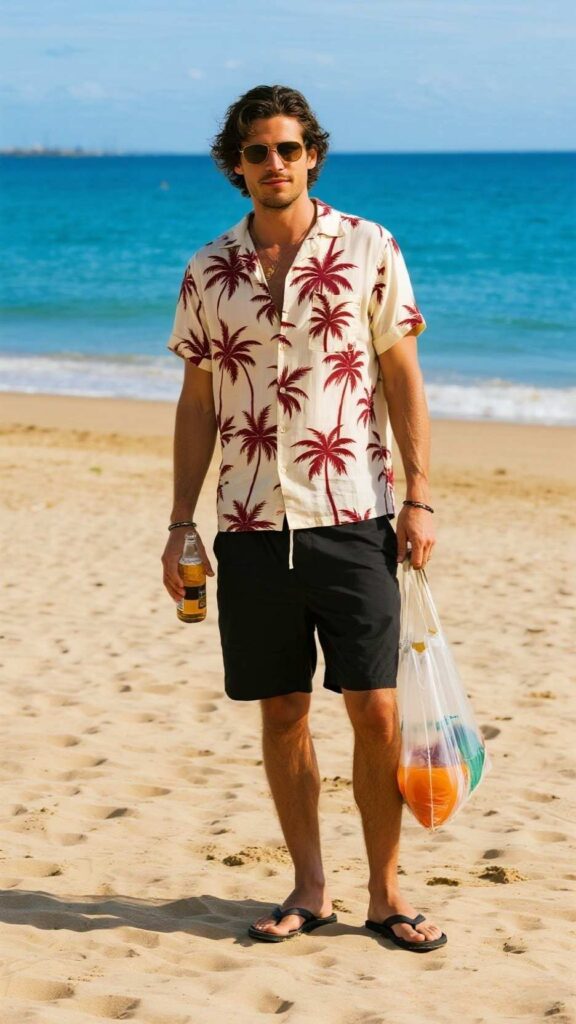 Cream Palm Shirt + Black Swim Shorts + Black Flip‑Flops + Clear Tote with Lager