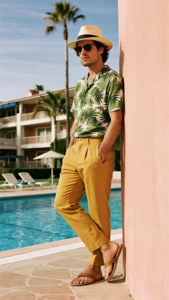 Palm Shirt + Mustard Tailored Pants + Tan Belt + Brown Sandals + Fedora + Aviator Sunglasses
