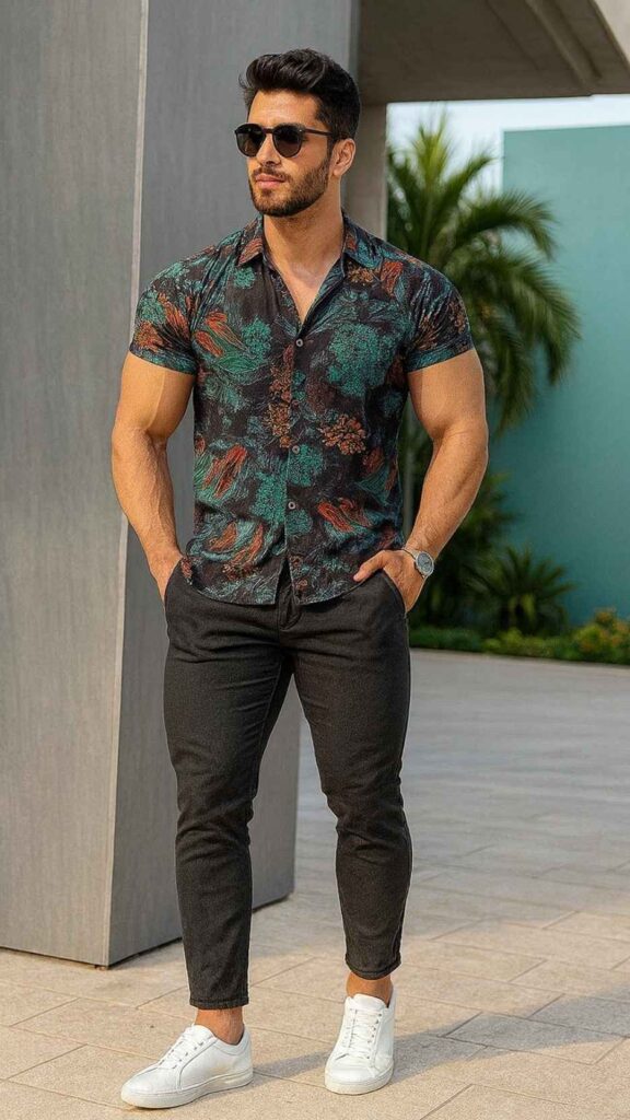 Dark Floral Shirt + Charcoal Skinny Pants + White Sneakers + Oversized Sunglasses