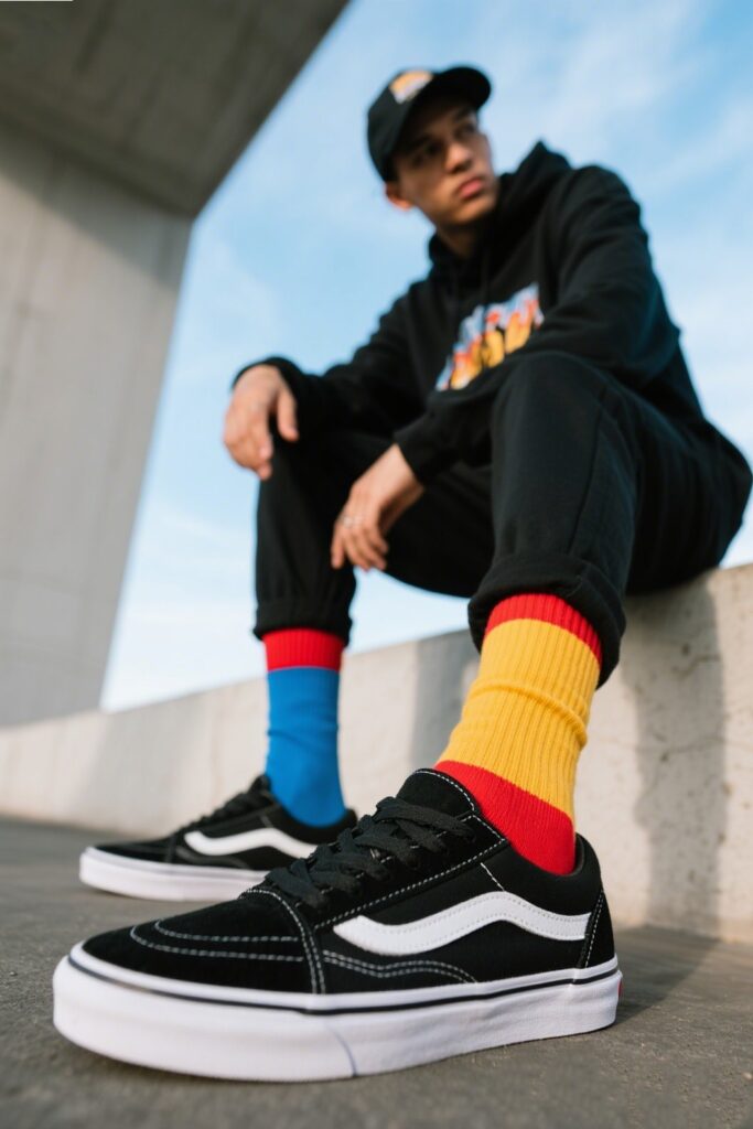 4. Bold Color Pop – Red, Blue, or Mustard Socks