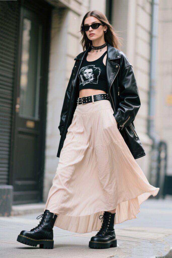 5. The Edgy Street Look – With a Leather Jacket & Combat Boots