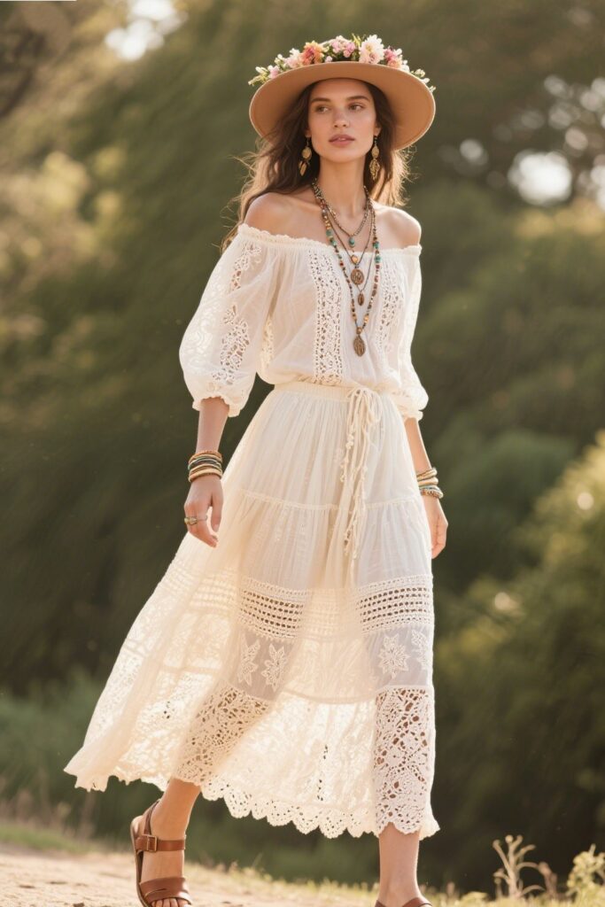 2. The Romantic Boho Look – With a Lace Blouse & Sandals