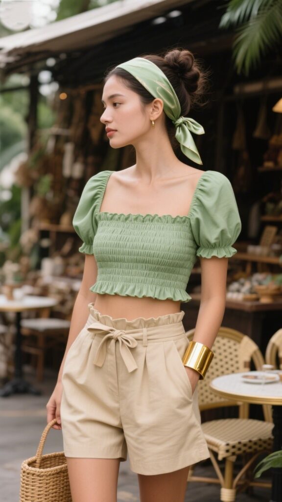 🌿 8. Sage Green Smocked Crop Top + Beige Paperbag Shorts + Woven Mules + Gold Cuff Bracelet + Silk Hair Scarf in Bun