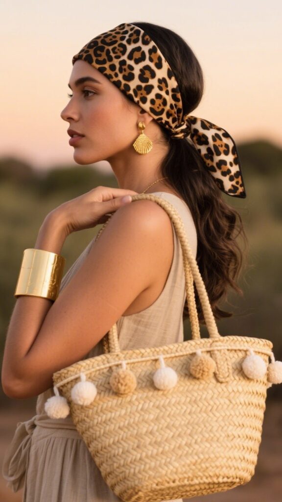 6. Leopard Headwrap + Gold Cuff + Pom-Pom Straw Tote