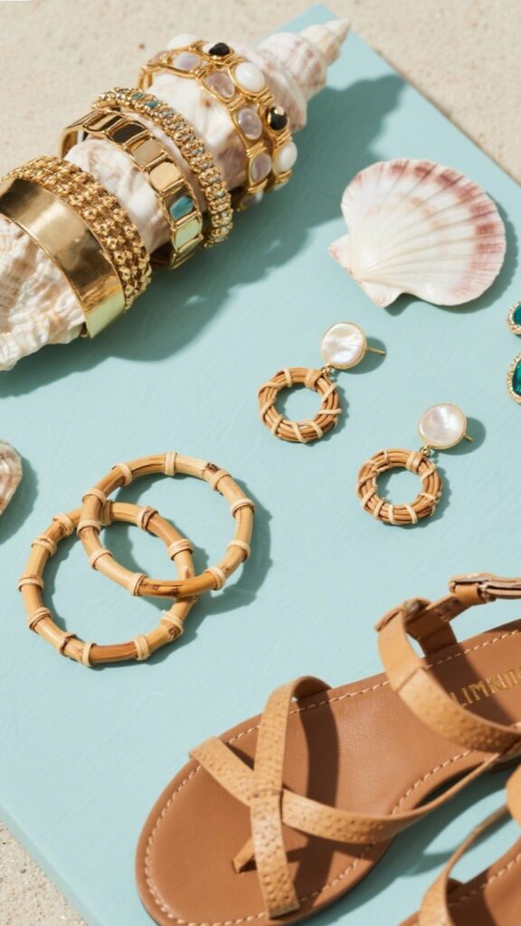 9. Shell & Gold Bracelets + Cane-Wrapped Hoops + Raffia Slides