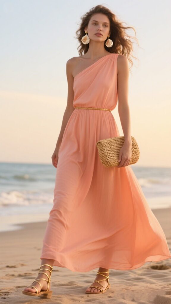 🌞 2. Coral One-Shoulder Maxi Dress + Gold Strappy Sandals + Shell Earrings + Straw Clutch + Beach Waves