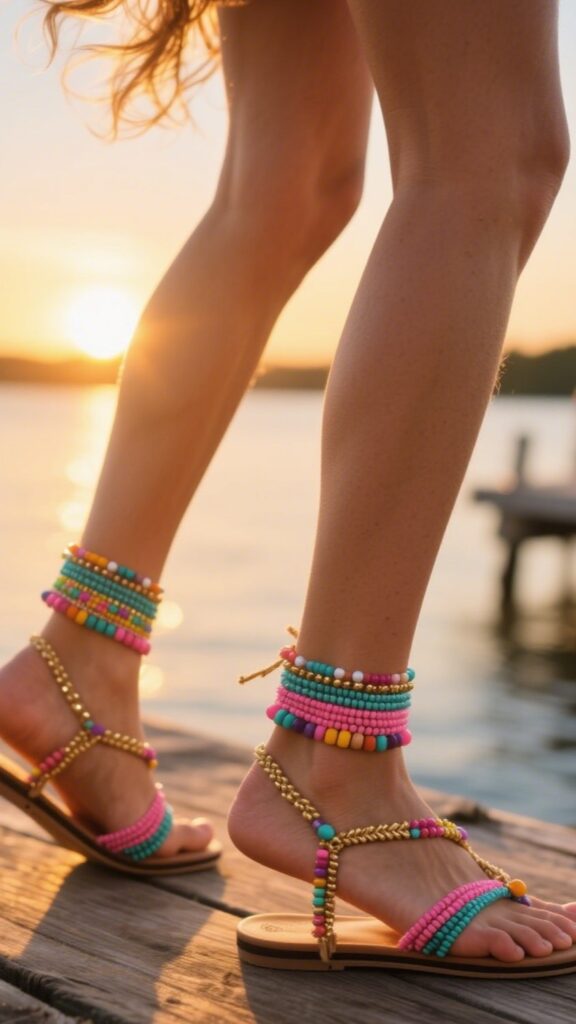 9. Beaded Sandals + Colorful Braided Anklets | Sunset Dock Walk