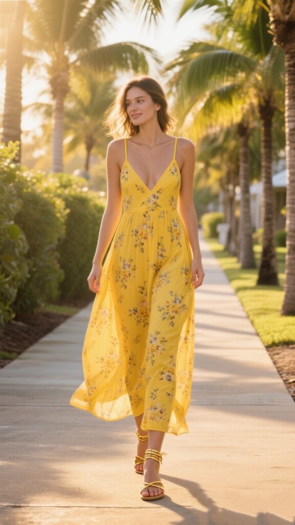 1. Canary Yellow Maxi Dress + Gold Sandals + Bare Anklet | Palm-Lined Walkway