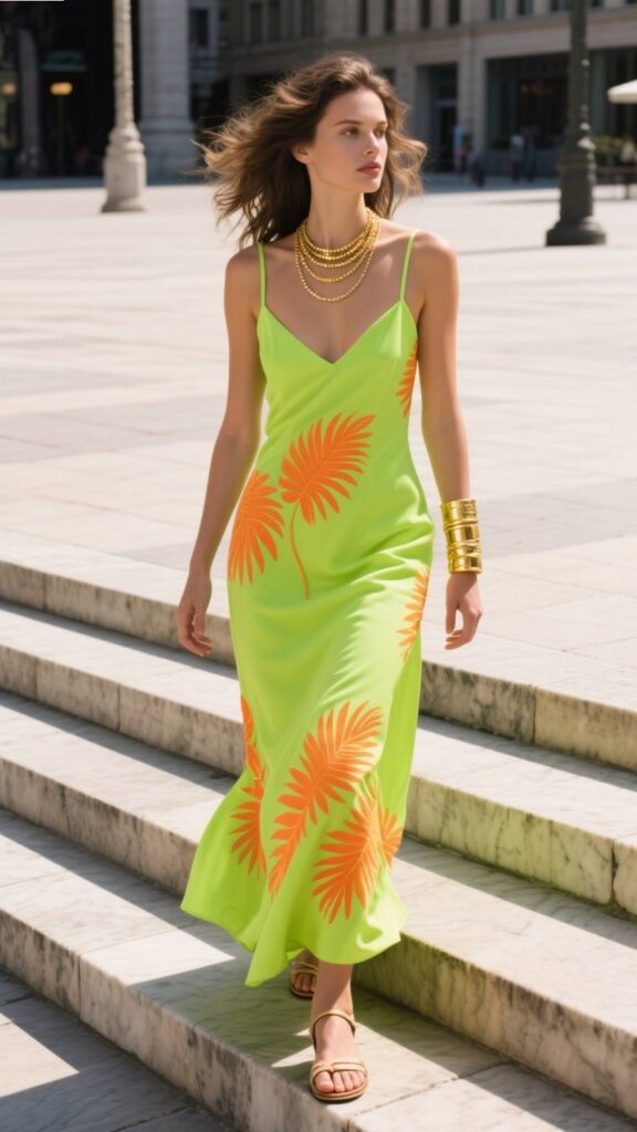 8. Neon Green Maxi Dress + Flat Sandals + Gold Arm Cuff | Urban Plaza