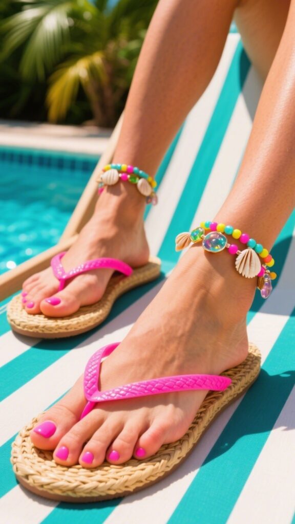 10. Straw Flip-Flops + Neon Pedicure + Beaded Shell Anklet | Poolside Lounger
