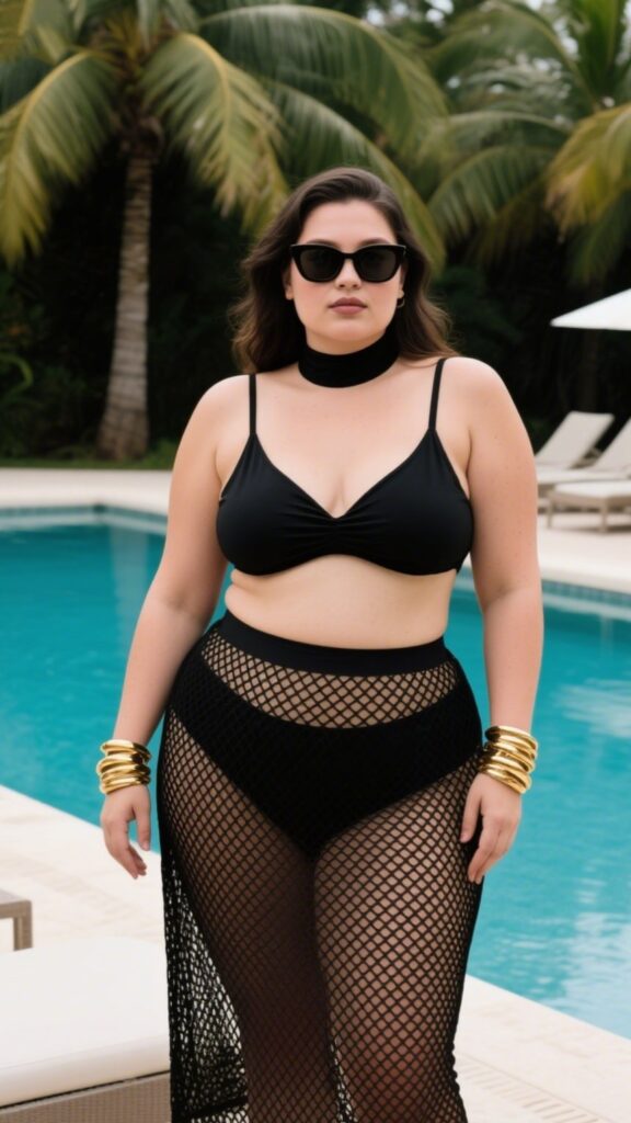 1. High-Neck Black Bikini + Mesh Midi Cover Skirt + Gold Bangles | Palm-Fringed Poolside