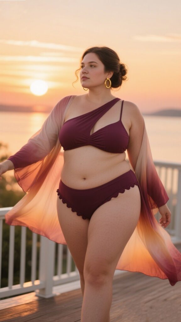 6. One-Shoulder Bikini Top + Scallop Trim Bottoms + Kimono Drape | Sunset View Deck