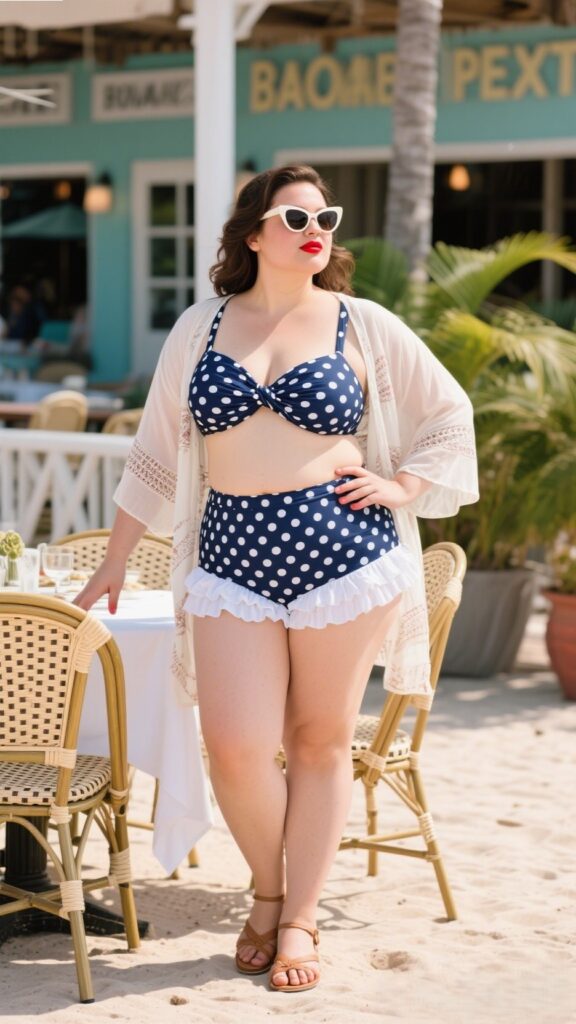 5. Polka Dot Wrap Bikini + Ruffle Cover Shorts + Retro Sunglasses | Beachfront Bistro