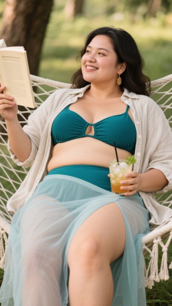 9. Full-Coverage Bikini + High-Slit Sheer Skirt + Oversized Shirt | Hammock Hideaway