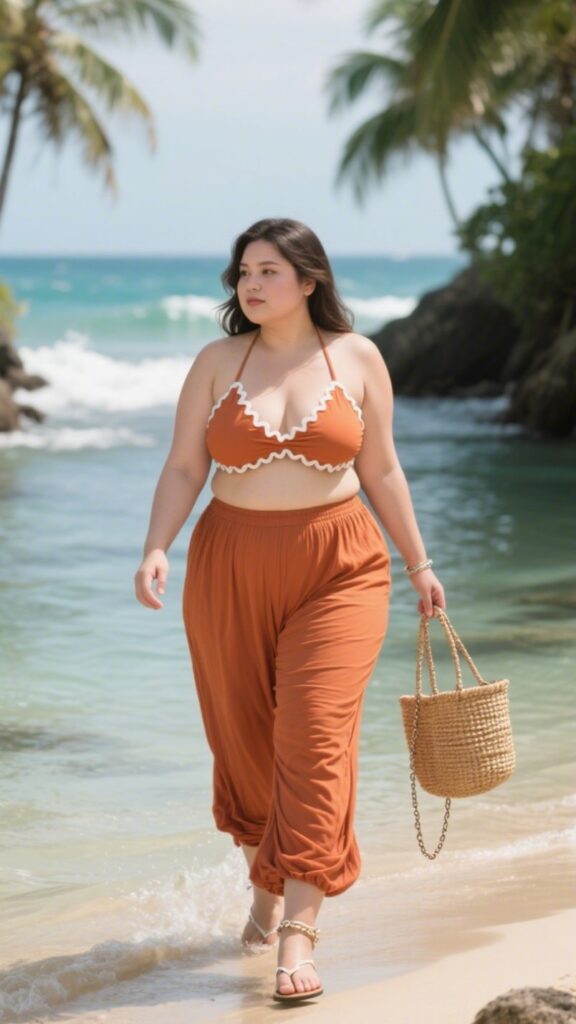 8. Scalloped Halter Bikini + Flowy Palazzo Pants + Woven Bag | Hidden Lagoon Stroll