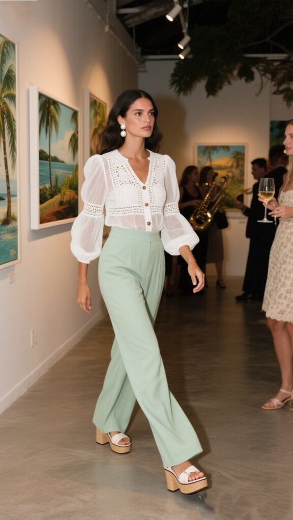 8. White Crochet Button-Down Blouse + Wide-Leg Trousers + Platform Sandals | Island Gallery Opening