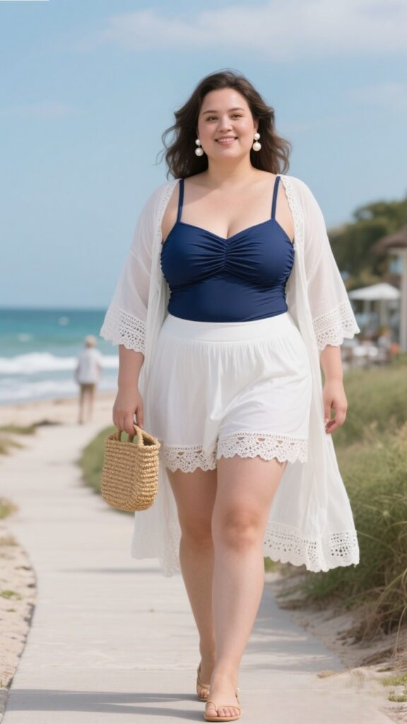 2. Ruched Navy Tankini Top + High-Rise Skirted Bottom + White Kimono | Seaside Pathway