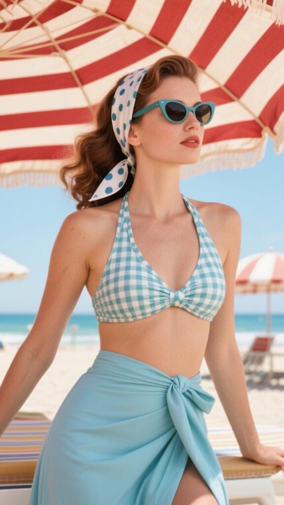 9. Vintage-Inspired Halter Bikini + Midi Wrap Skirt + Hair Scarf | Retro Beach Vibes