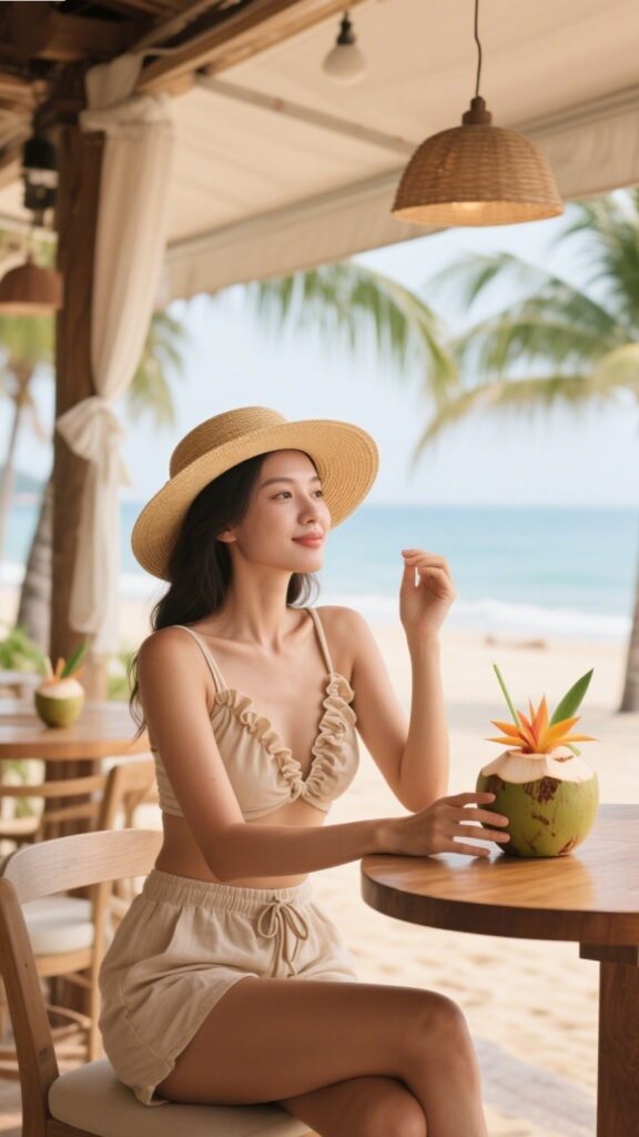 2. Ruffled Tankini + Linen Cover Shorts + Straw Hat | Island Café Stop
