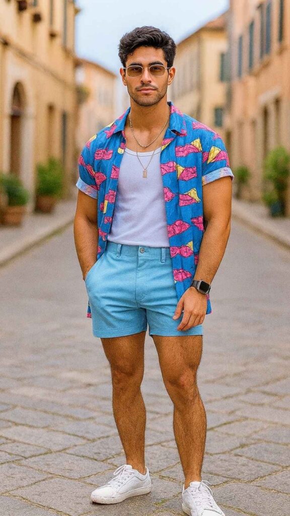 Color-Block Vacation Shirt + White Tank + Sky-Blue Fitted Shorts + White Sneakers + Clear Sunglasses