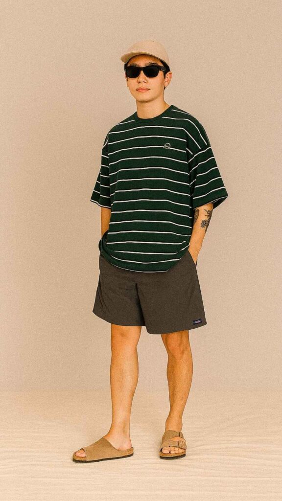 Cream Baseball Cap + Black Wayfarer Sunglasses + Forest-Green Striped Oversized Tee + Charcoal Athletic Shorts + Taupe Suede Clogs