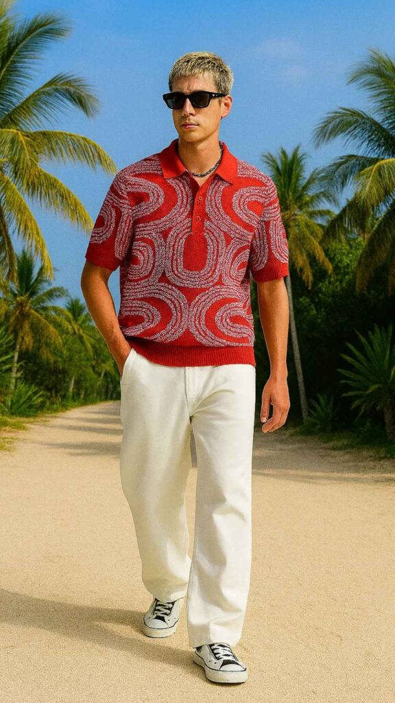 Black Rectangle Sunglasses + Red Geometric Knit Polo + Pearl-Bead Necklace + White Wide-Leg Linen Trousers + Black Canvas Sneakers