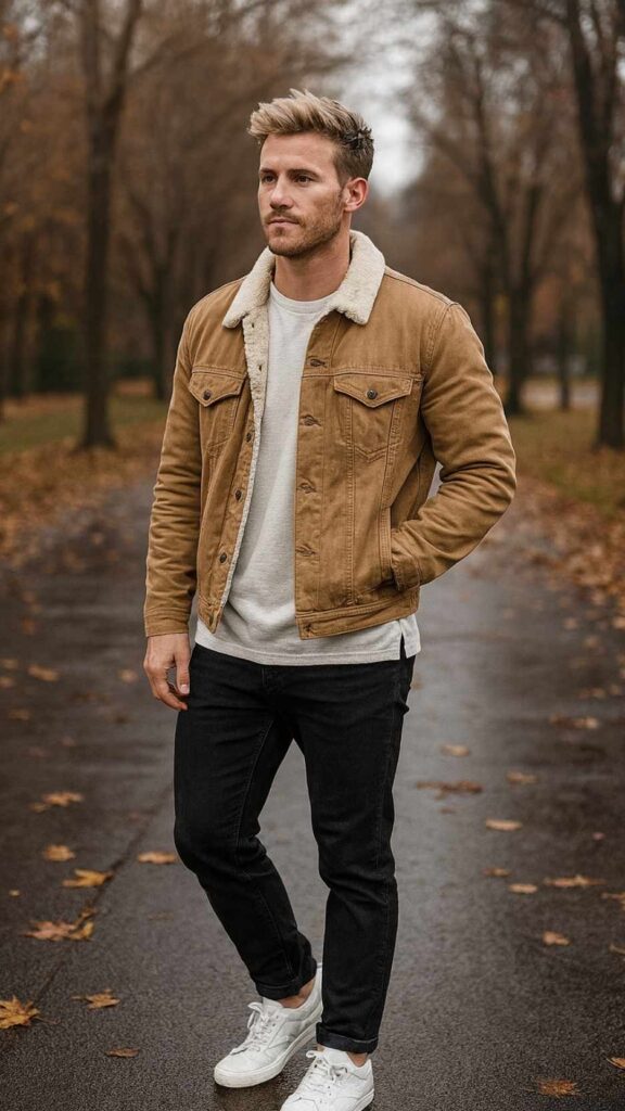 Camel Sherpa-Collar Trucker Jacket + White Longline Tee + Black Skinny Jeans + White Low-Top Leather Sneakers