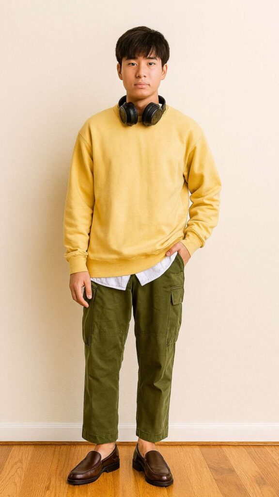 Pale Yellow Crewneck Sweatshirt + Light Blue Oxford Shirt + Olive Cargo Pants + White Socks + Dark Brown Leather Loafers