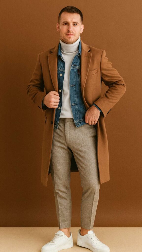 Camel Overcoat + Blue Denim Trucker Jacket + Light Gray Turtleneck + Light Gray Slim Trousers + White Leather Low-Top Sneakers