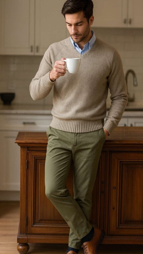 Oatmeal V-Neck Sweater + Light Blue Oxford Shirt + Olive Chinos + Black Socks + Cognac Double Monk-Strap Shoes